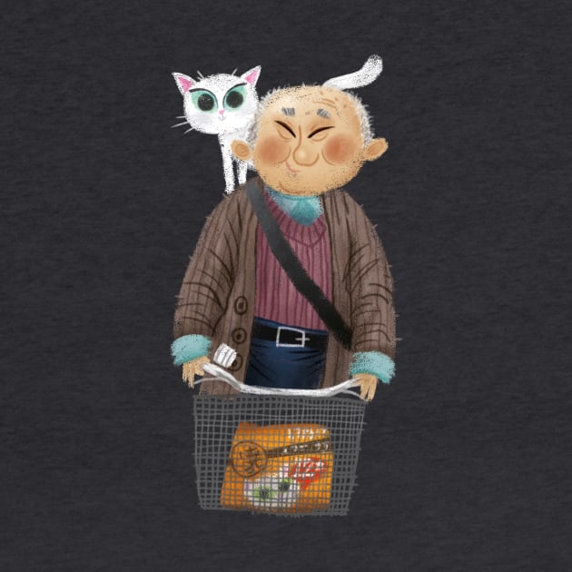 Old chinese man with cat on a bike. by Geeksarecool